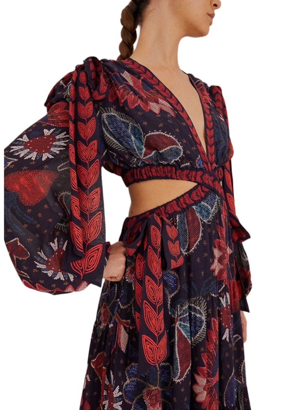 FARM Rio Cutout Georgette Tropical Shine Navy and Red Dark Blue Maxi Dress RP $3 - Picture 3 of 6